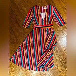 Half sleeve ~ deep v-neck ~ multi-colored ~ flowing striped dress